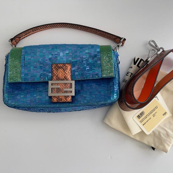 Fendi Reissue Green Stripe Blue Sequin Baguette - Picture 10 of 11